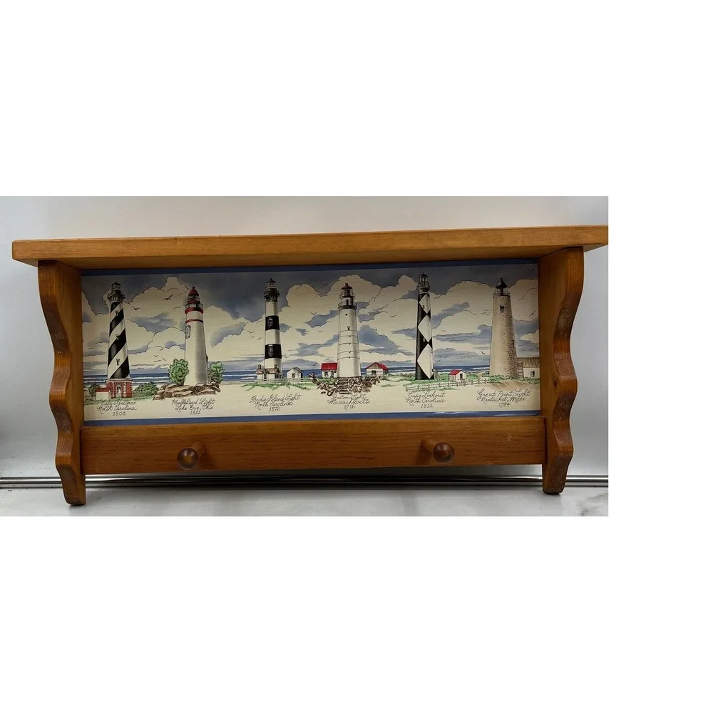 Vintage Wood Lighthouse Wall Shelf with Pegs Coastal Nautical Home Decor